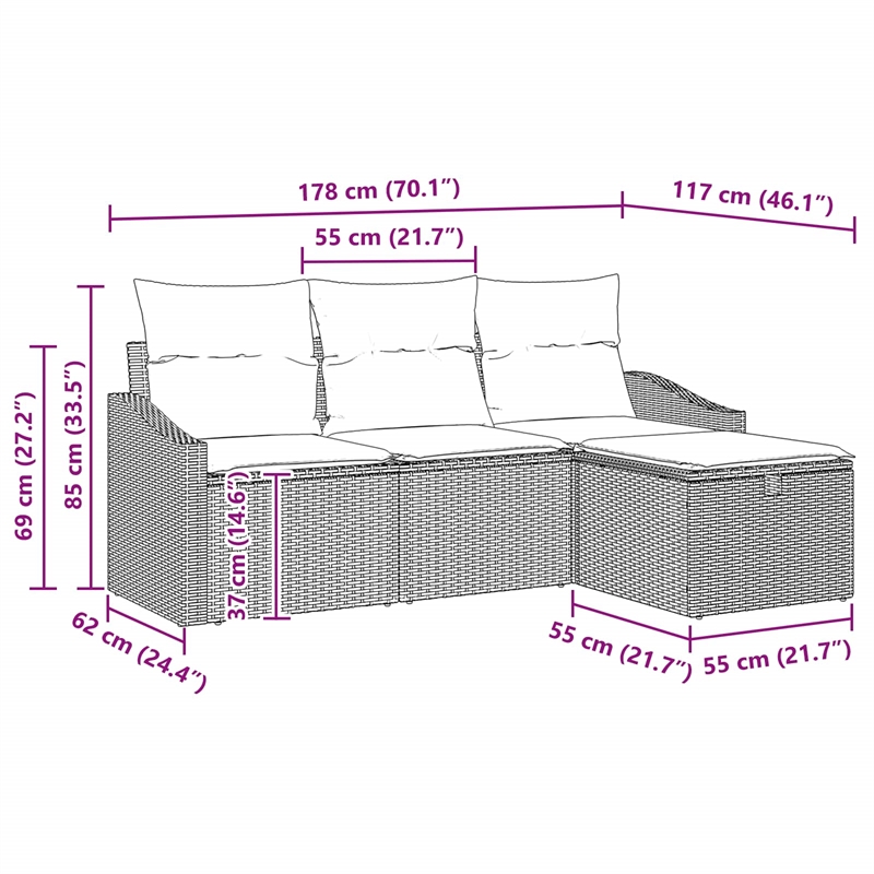 Afuera Living Contemporary Poly Rattan Sofa Set with Cushions in Black