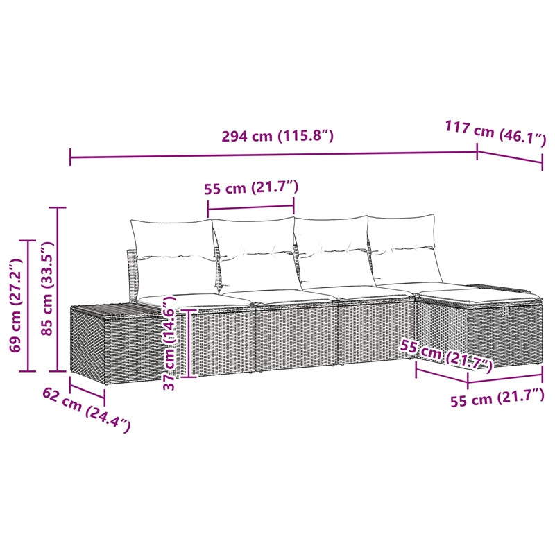 Afuera Living Contemporary Poly Rattan Sofa Set with Cushions in Gray
