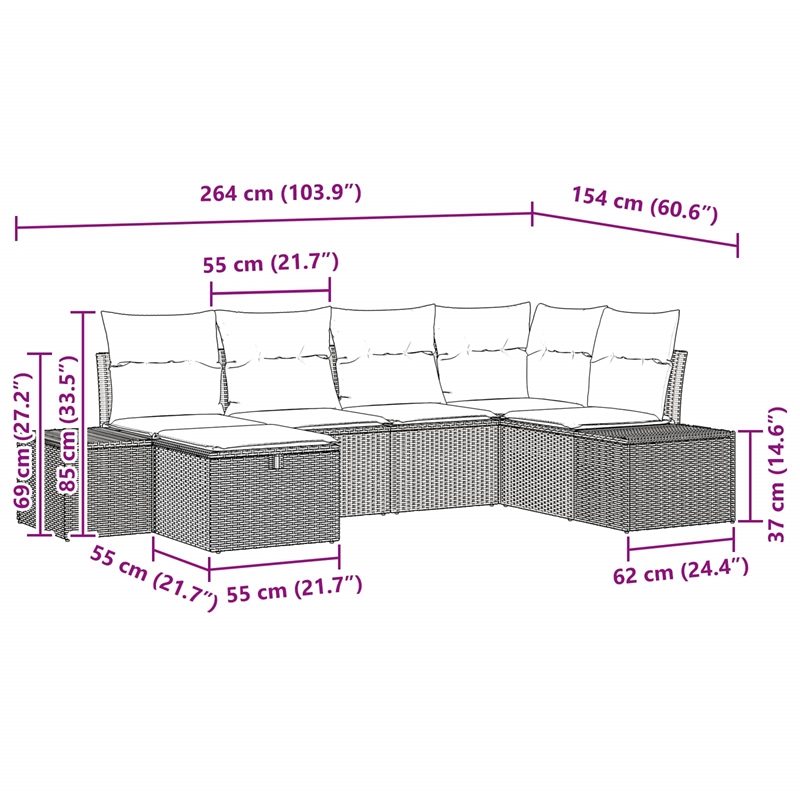 Afuera Living Contemporary Poly Rattan Sofa Set with Cushions in Gray