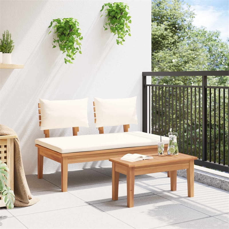 Afuera Living 2 PC Wood Garden Bench in with Cushions in Brown/Cream