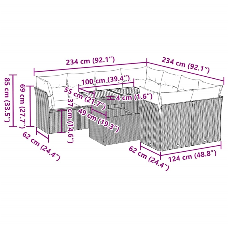 Afuera Living 9 Piece Poly Rattan Small Sofa Set in Black/Cream