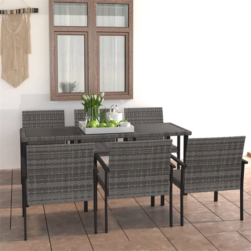 Afuera Living Dining Set in Gray and Black Poly Rattan/Powder-Coated Steel/Glass