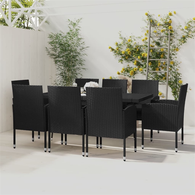 Afuera Living Garden Dining Set in Black Poly Rattan/Steel/Glass Large