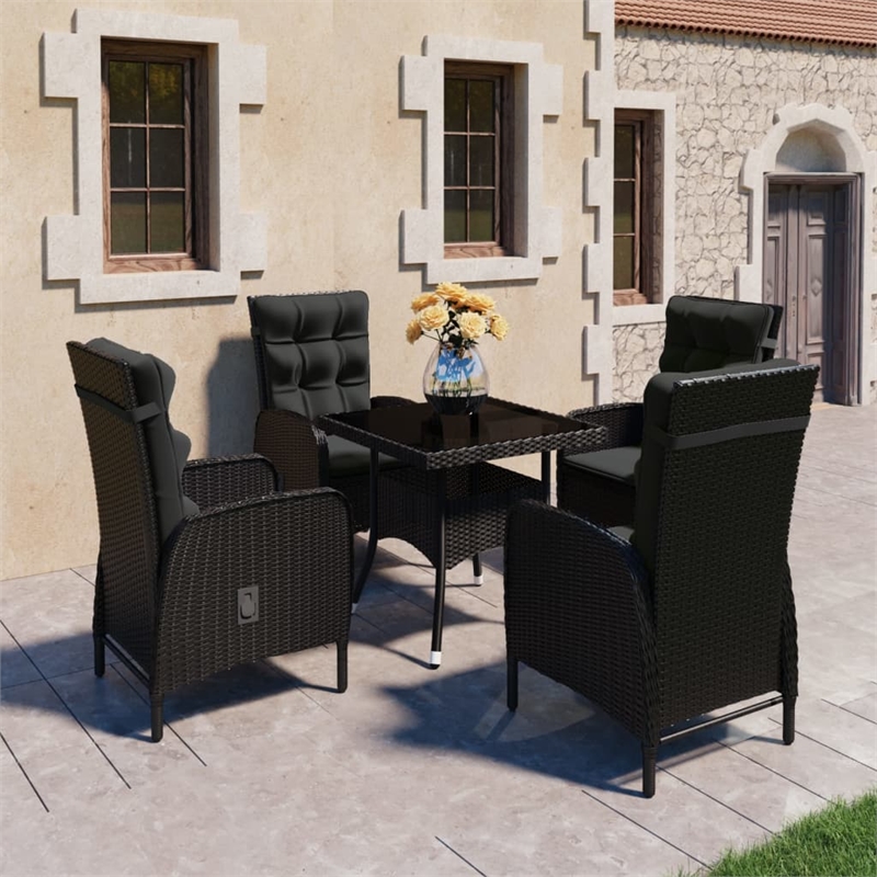Afuera Living Garden Dining Set in Black Rattan/Steel/Glass/Polyester Fabric