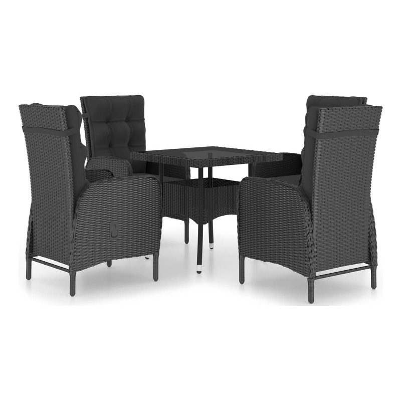 Afuera Living Garden Dining Set in Black Rattan/Steel/Glass/Polyester Fabric