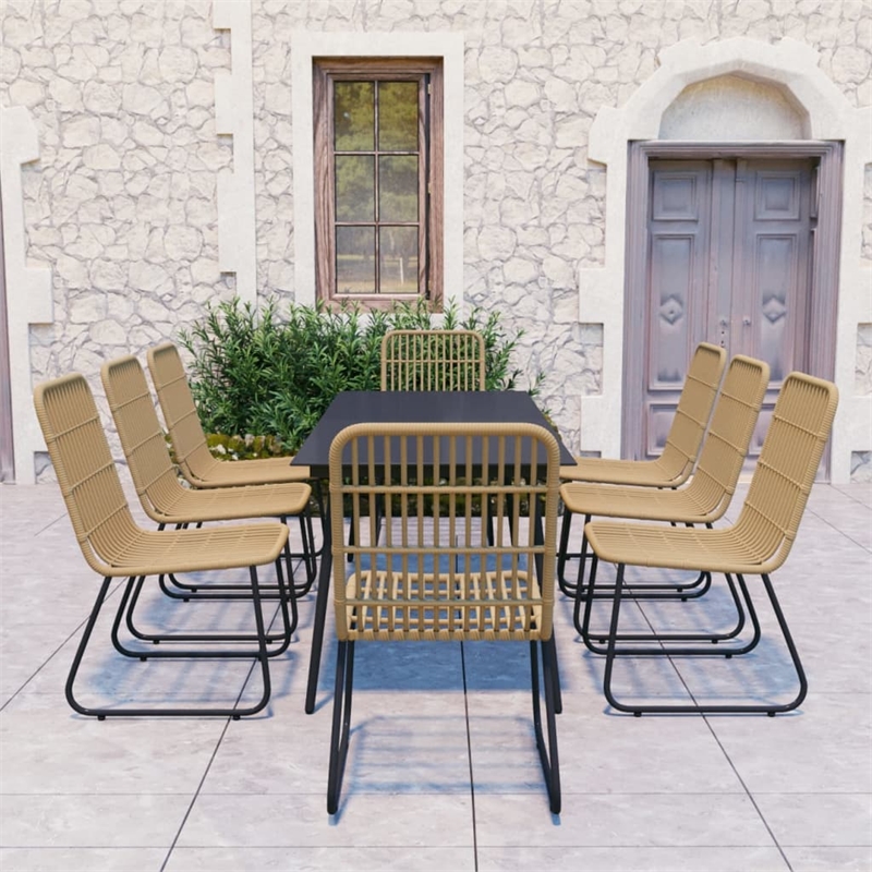 Afuera Living Poly Rattan/Powder-Coated Steel/Glass Dining Set in Oak/Black