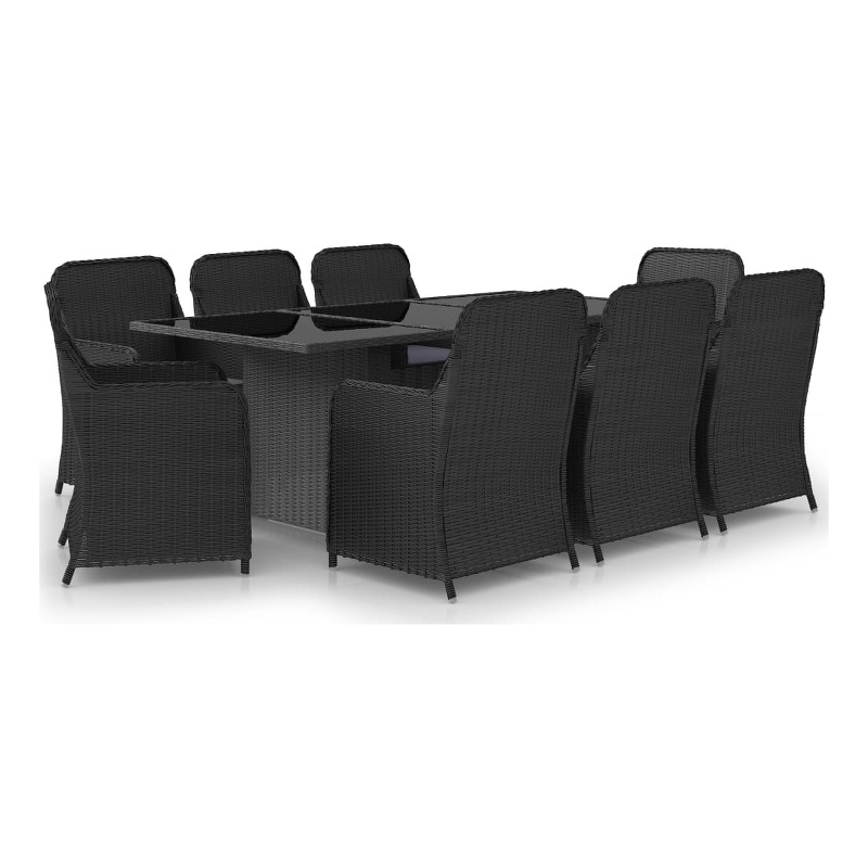 Afuera Living Dining Set in Black PE Rattan/Glass/Powder-Coated Steel Large