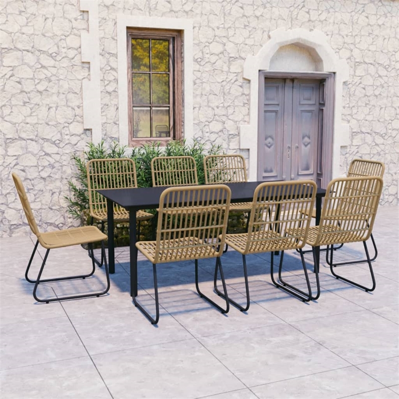 Afuera Living Contemporary Poly Rattan Dining Set in Oak/Black