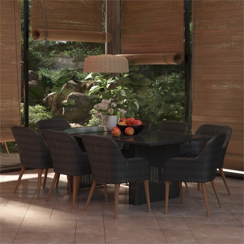 Afuera Living Contemporary 9 Piece Patio Dining Set Poly Rattan in Black