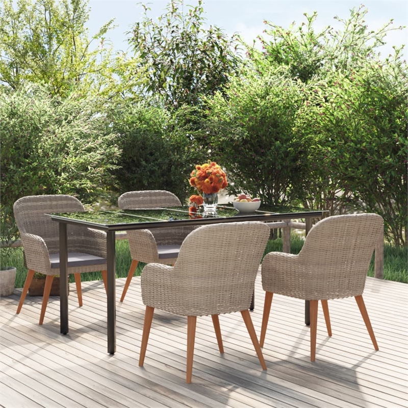 Afuera Living Dining Set Table in Black/Chairs in Brown/Cushions in Dark Gray