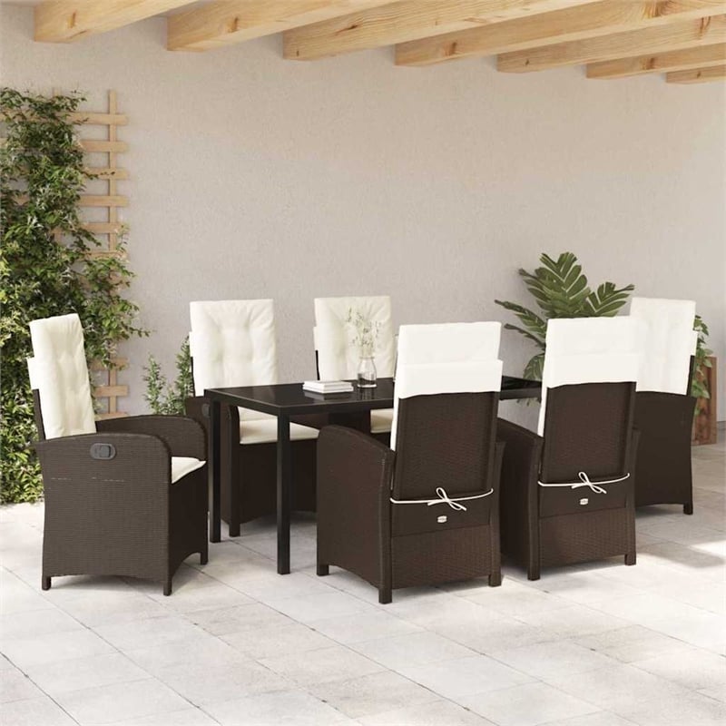 Afuera Living 7 Piece Poly Rattan Garden Dining Set with Cushions in Brown