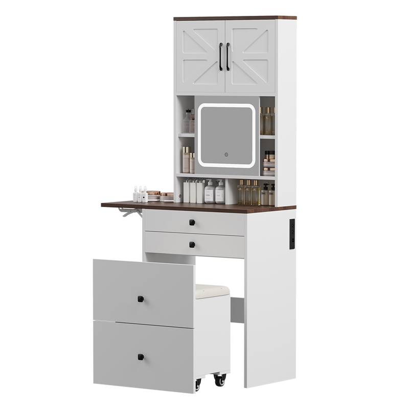 Afuera Living Farmhouse Vanity Set with Sliding Mirror & Storage Stool in White