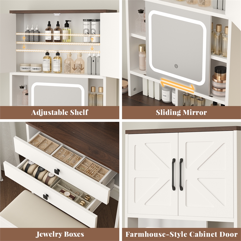 Afuera Living Farmhouse Vanity Set with Sliding Mirror & Storage Stool in White