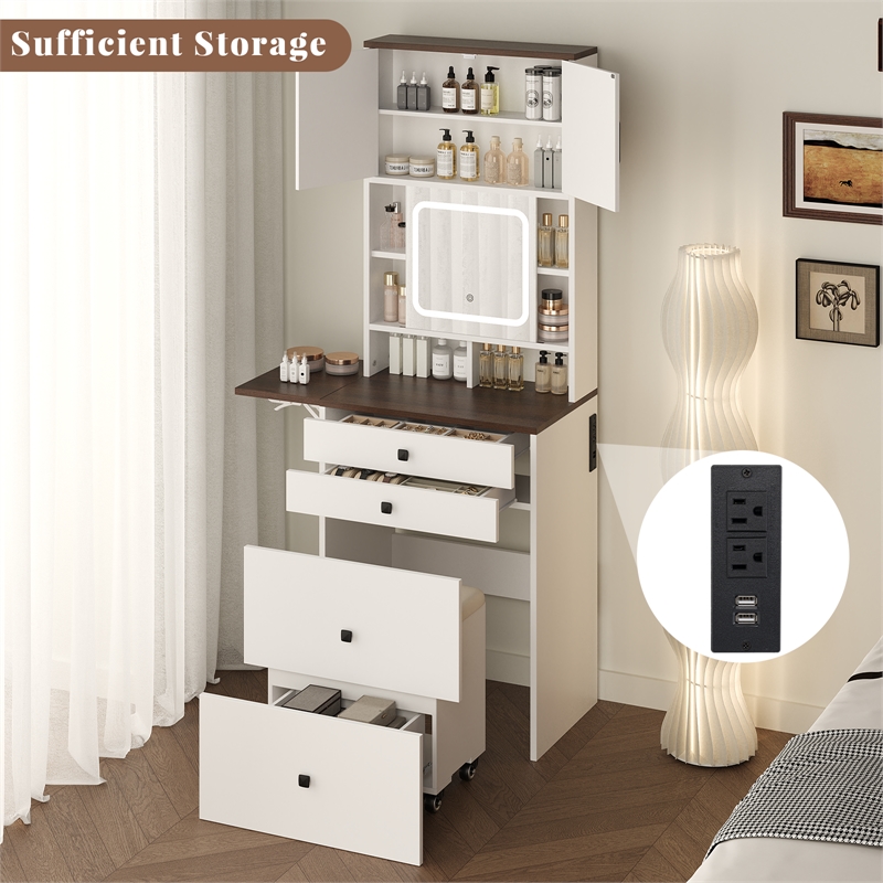 Afuera Living Farmhouse Vanity Set with Sliding Mirror & Storage Stool in White