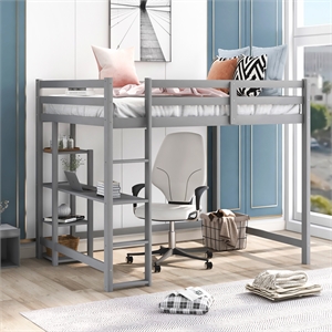 Afuera Living Full Size Wood Loft Bed with Built-In Desk & Shelves in Gray