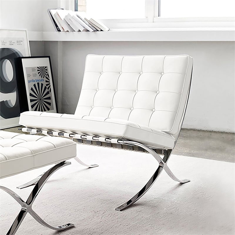 Afuera Living Mid-Century Leather Recliner Chair with Ottoman in White