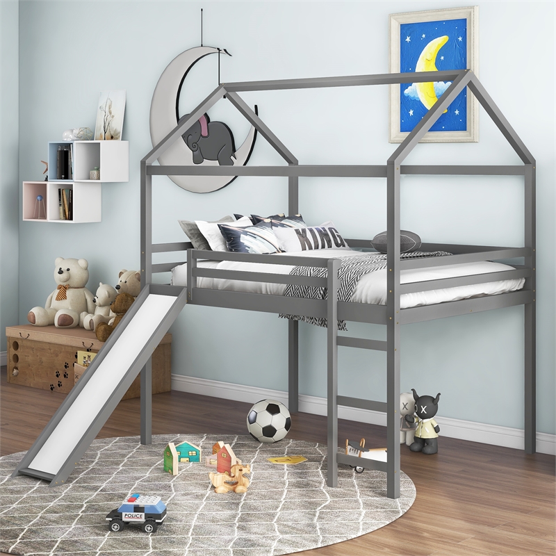 Afuera Living Full Size Loft Bed with Slide & Guard Rails 77.4x57.2 Inches
