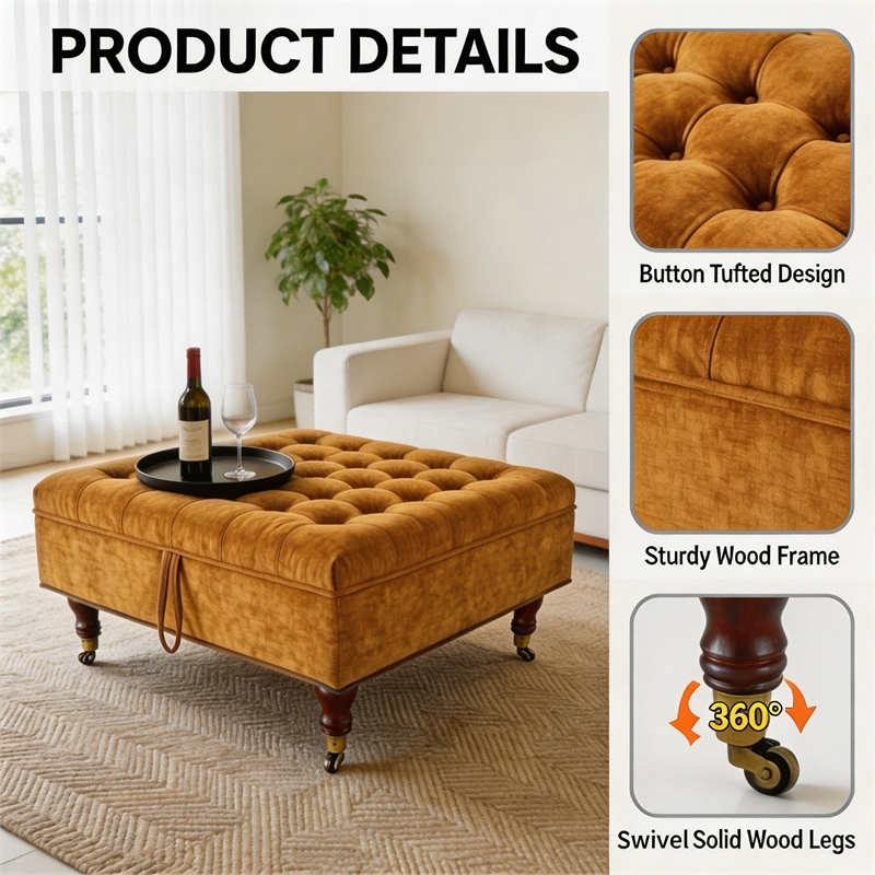Afuera Living Yellow Chenille 33.46-Inch Square Storage Ottoman on Wheels