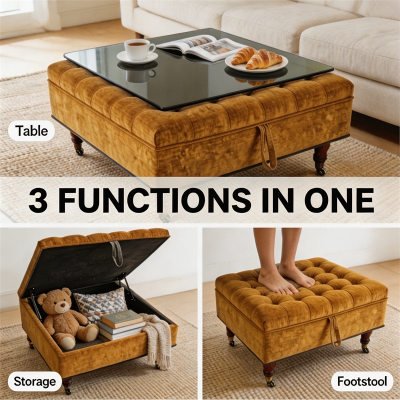 Afuera Living Yellow Chenille 33.46-Inch Square Storage Ottoman on Wheels