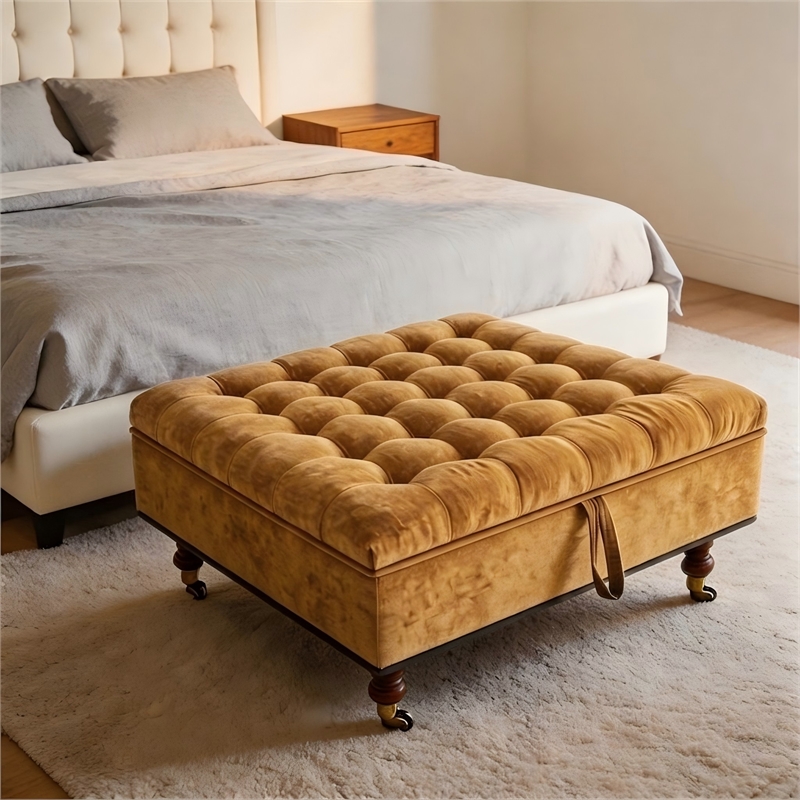 Afuera Living Yellow Chenille 33.46-Inch Square Storage Ottoman on Wheels