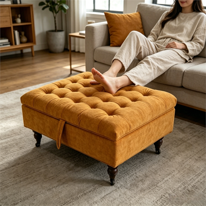 Afuera Living Yellow Chenille 33.46-Inch Square Storage Ottoman on Wheels