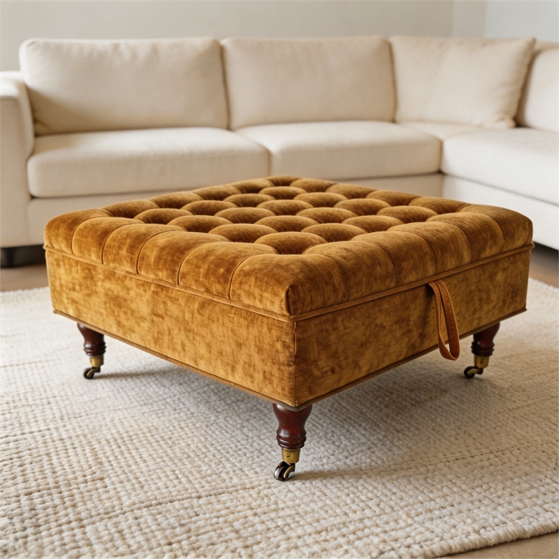 Afuera Living Yellow Chenille 33.46-Inch Square Storage Ottoman on Wheels
