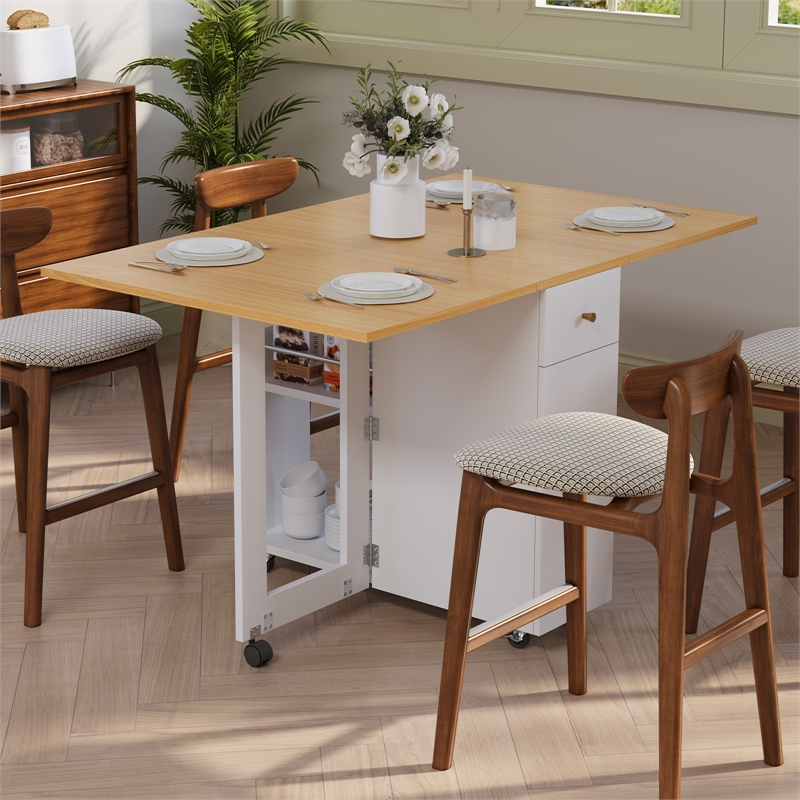 Afuera Living Space-Saving Folding Dining Table with Drawer & Cabinet in White