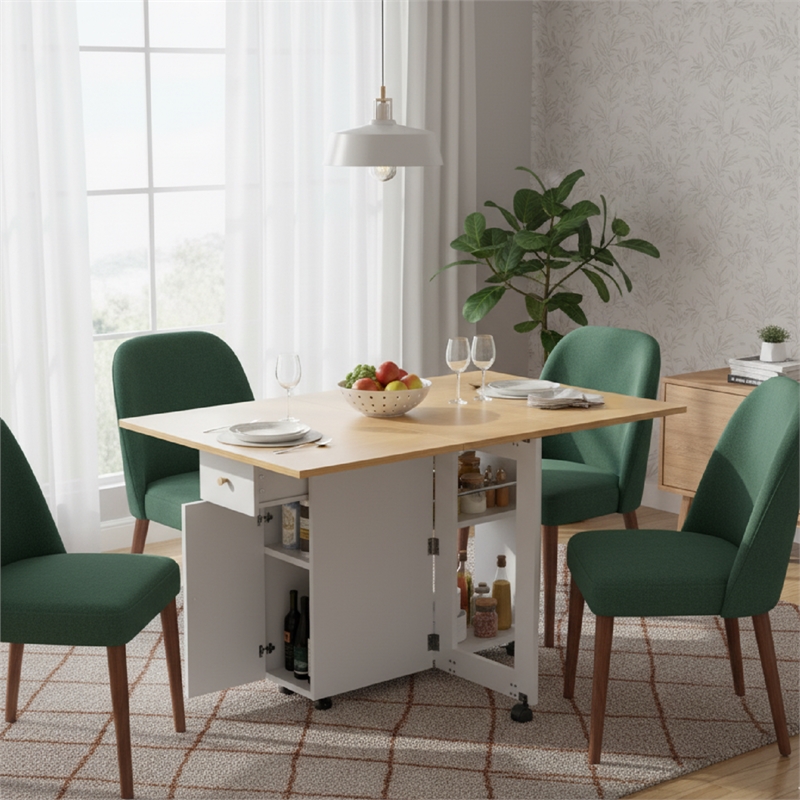 Afuera Living Space-Saving Folding Dining Table with Drawer & Cabinet in White