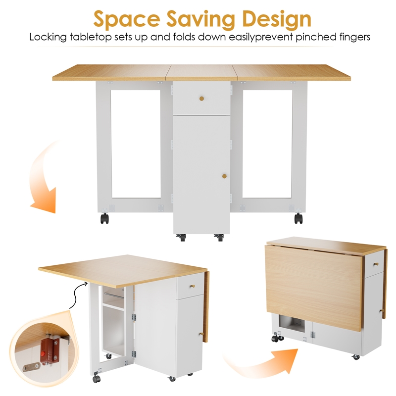 Afuera Living Space-Saving Folding Dining Table with Drawer & Cabinet in White