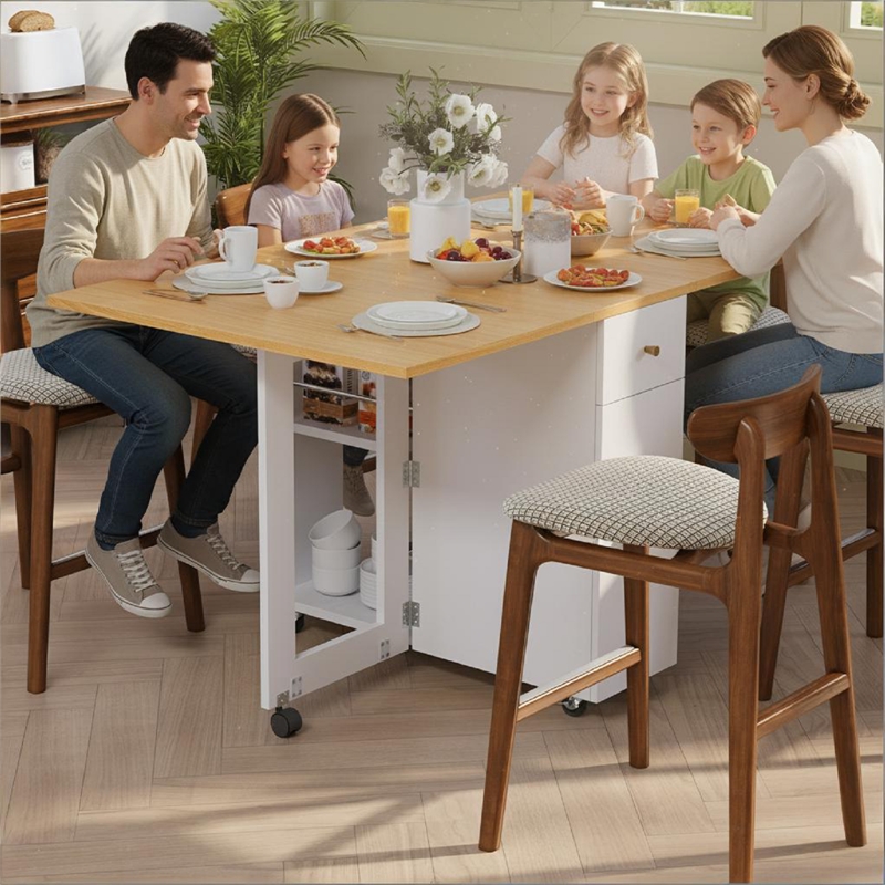 Afuera Living Space-Saving Folding Dining Table with Drawer & Cabinet in White
