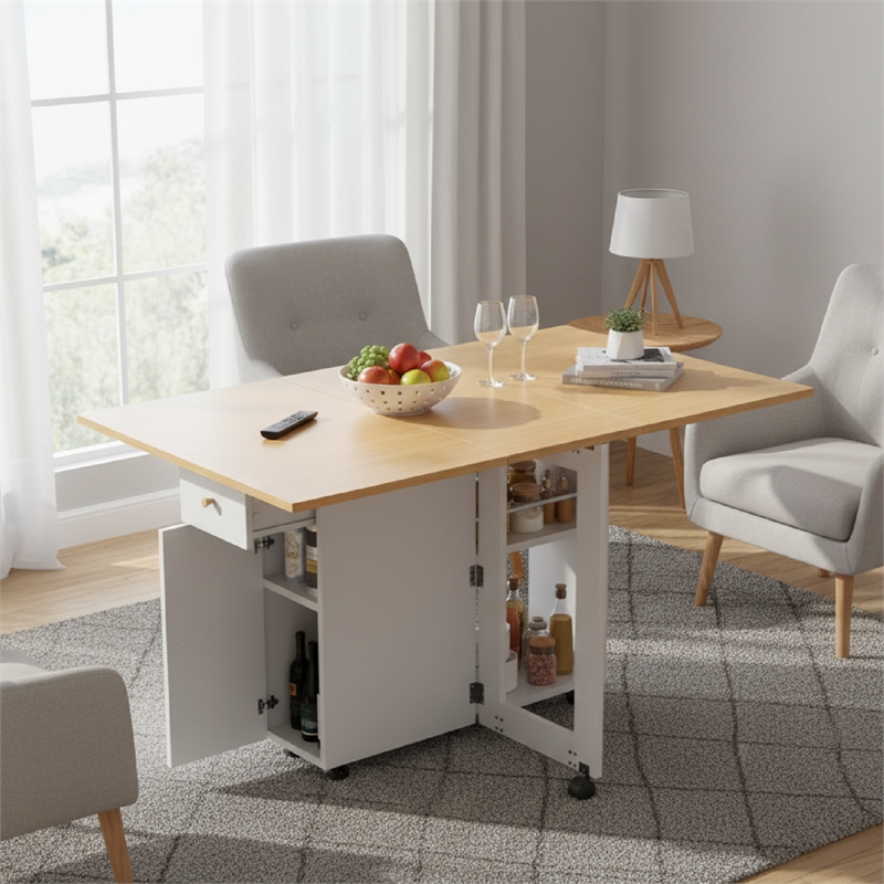 Afuera Living Space-Saving Folding Dining Table with Drawer & Cabinet in White