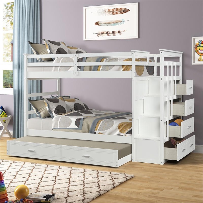 Afuera Living Twin-Over-Twin Wood Bunk Bed with Trundle & 4-Drawer Staircase