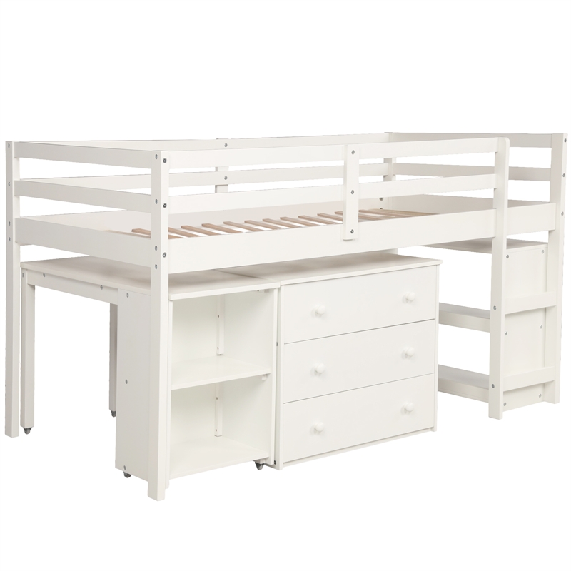 Afuera Living White Twin Loft Bed with Rolling Desk & Cabinet & 3 Drawers