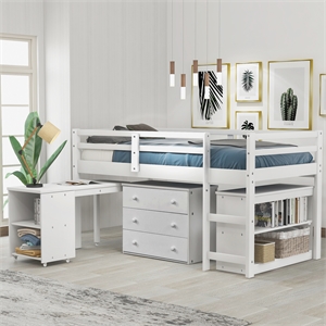 Afuera Living White Twin Loft Bed with Rolling Desk & Cabinet & 3 Drawers