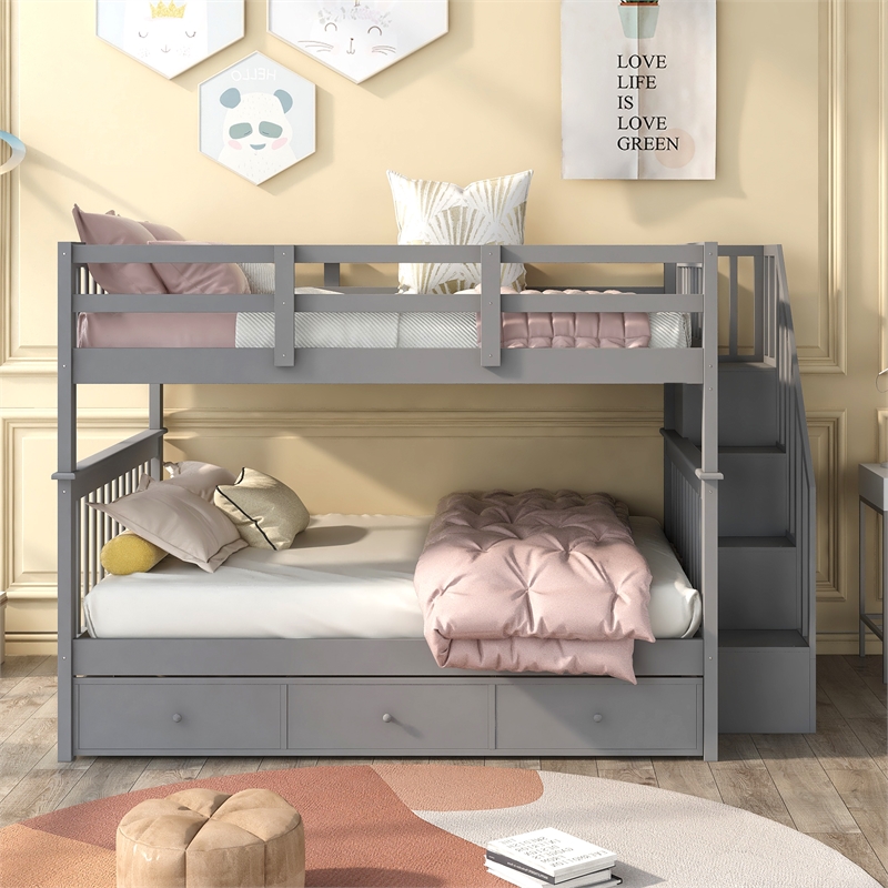 Afuera Living Full-Over-Full Bunk Bed with Stairway Drawer Storage in Gray