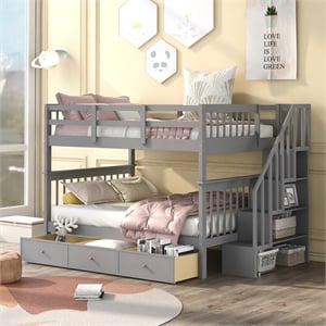 Afuera Living Full-Over-Full Bunk Bed with Stairway Drawer Storage in Gray