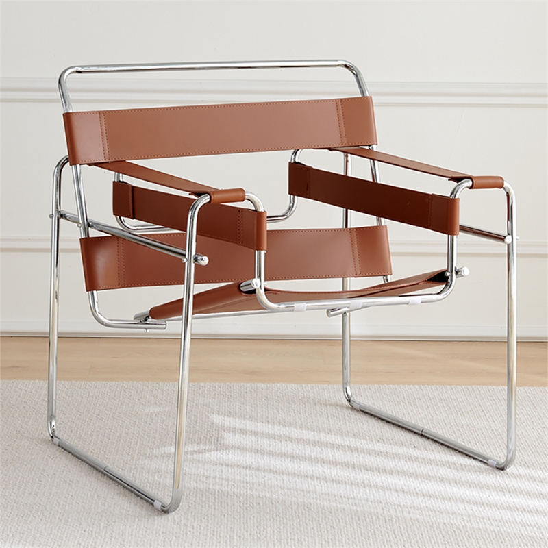 Afuera Living Saddle Leather Armchair with Stainless Steel Frame in Amber