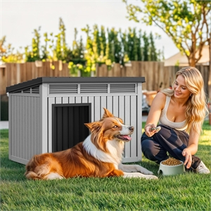 Afuera Living Wood-Grain Dog House with Lockable Latch in Gray