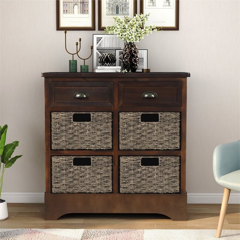 Afuera Living Acacia Wood Storage Cabinet with 2 Drawers & 4 Rattan Baskets