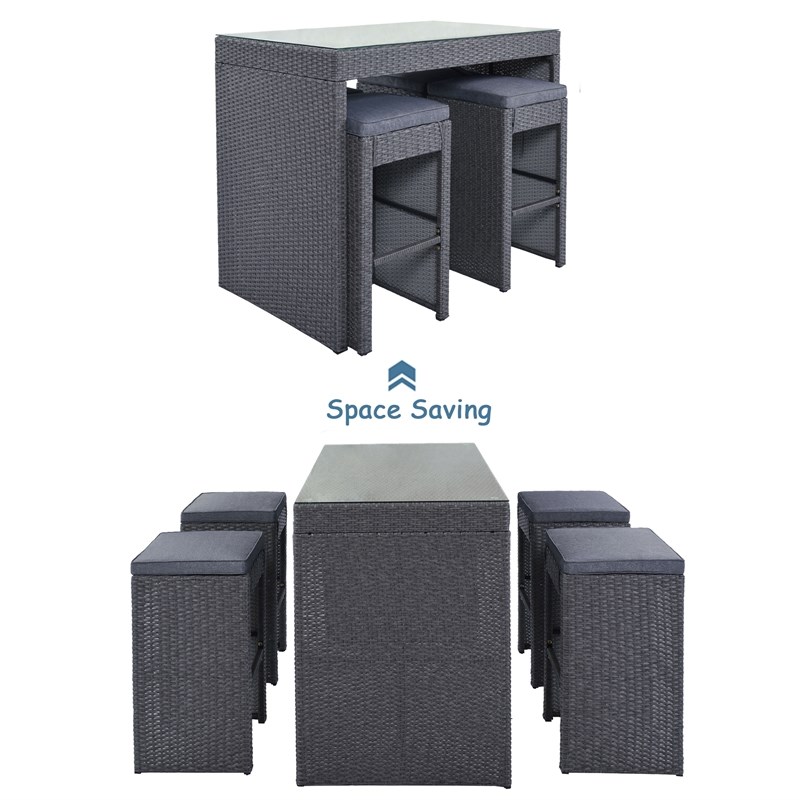 Afuera Living 5-Piece Rattan Outdoor Bar Table Set with Cushioned Stools
