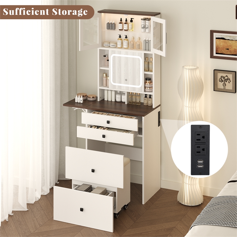 Afuera Living White 2-Tone Vanity Set with Tri-Color LED Mirror & Rolling Stool
