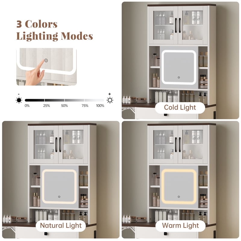 Afuera Living White 2-Tone Vanity Set with Tri-Color LED Mirror & Rolling Stool