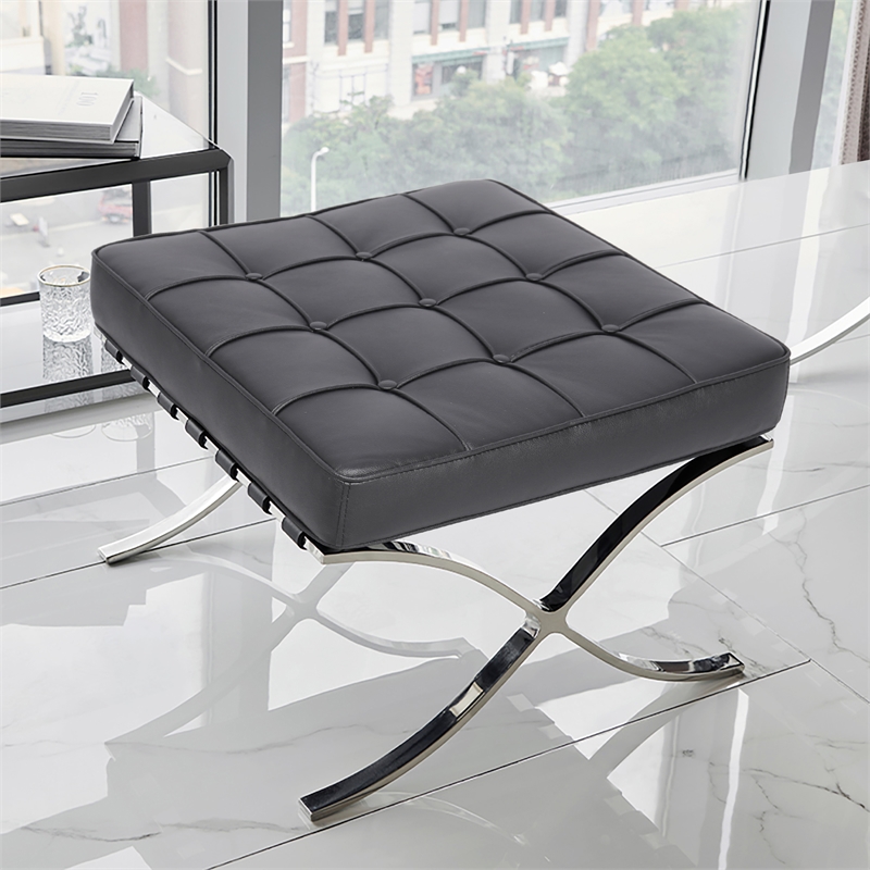Afuera Living Tufted Genuine Leather Ottoman with Stainless Steel X-Base