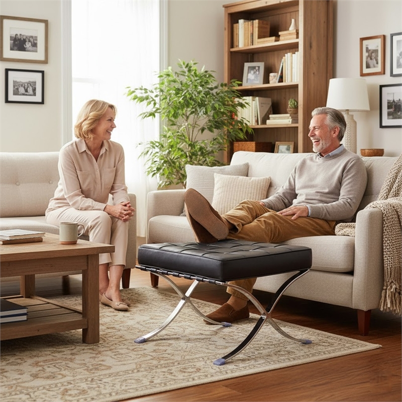 Afuera Living Tufted Genuine Leather Ottoman with Stainless Steel X-Base