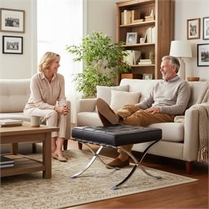 Afuera Living Tufted Genuine Leather Ottoman with Stainless Steel X-Base