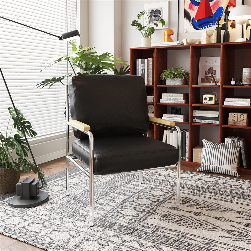 Afuera Living Stainless Steel PU Leather Sofa with Ergonomic Design in Black