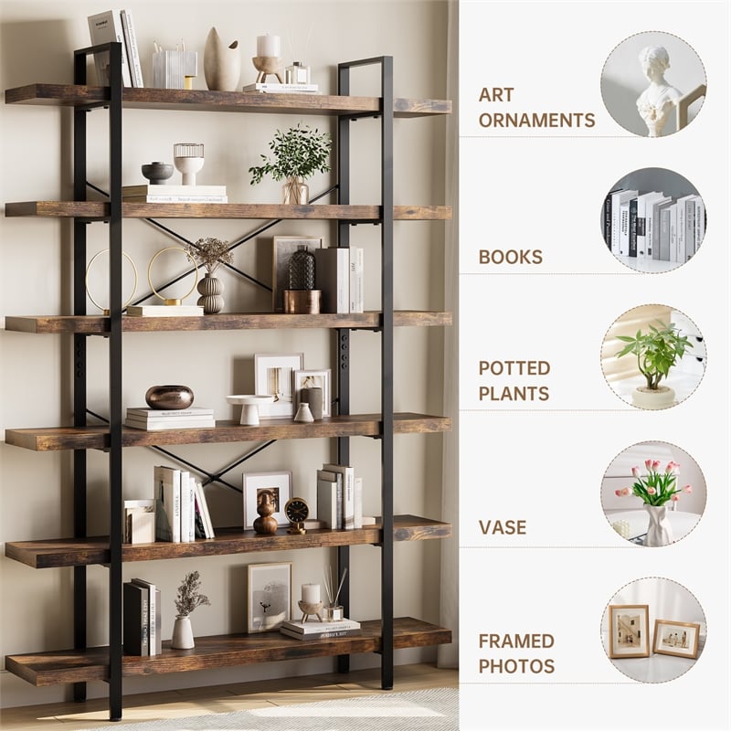 Afuera Living 6-Tier Brown Industrial Anti-Tip Bookshelf 120 lbs Per Shelf