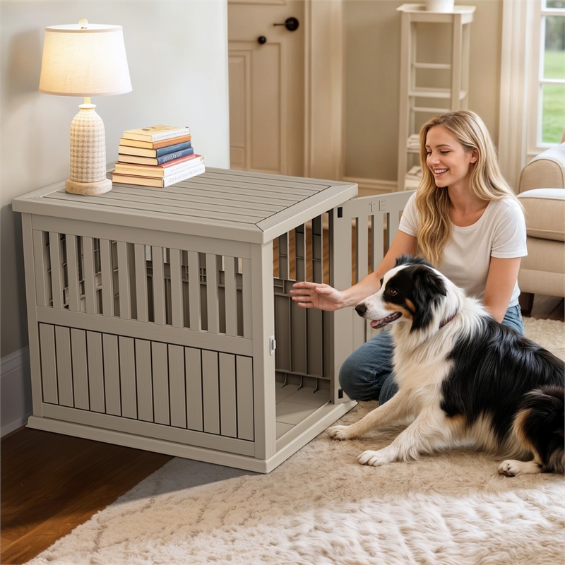 Afuera Living Wood Grain Dog House with Lockable Latch for Small to Medium Pets