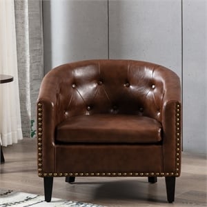 Afuera Living Dark Brown PU Leather Tufted Barrel Chair with Pine Wood Frame