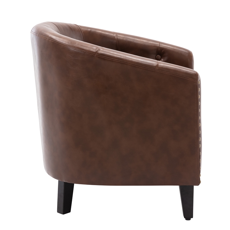 Afuera Living Dark Brown PU Leather Tufted Barrel Chair with Pine Wood Frame